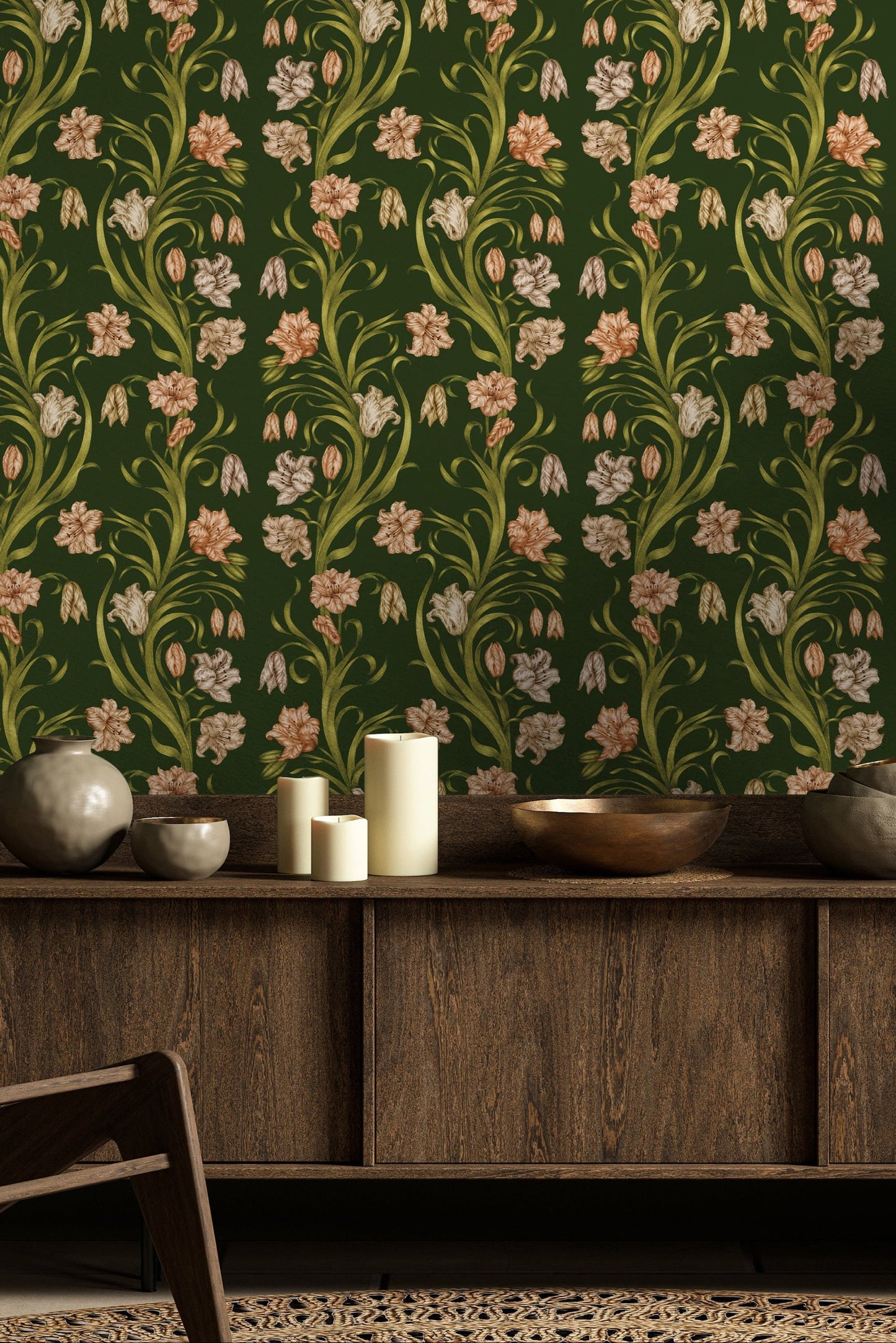 Floral wallpaper with green background and wooden furniture below